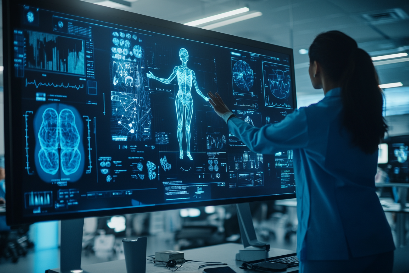 A Medical officer working on advanced AI algorithms and healthcare solutions on an interactive screen, symbolizing innovation in healthcare technology