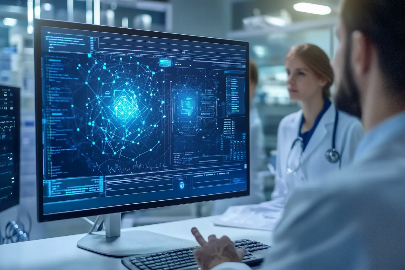 Cybersecurity expert demonstrating blockchain technology to healthcare professionals in a secure office environment, emphasizing data protection and privacy in healthcare.